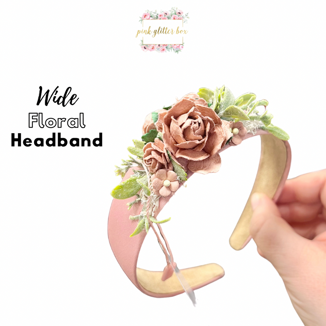 Wide floral occasion headband- dusky pink