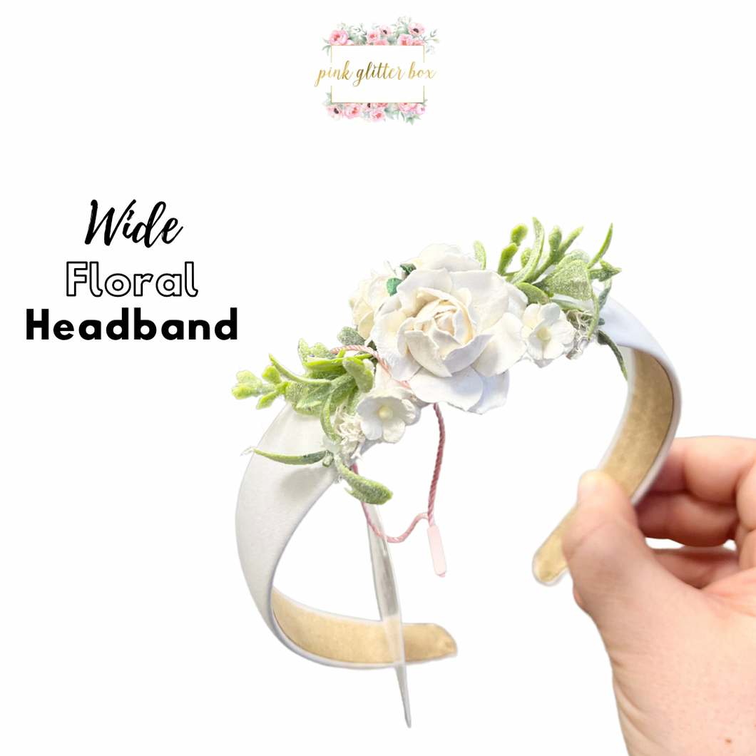 Wide floral occasion headband - white