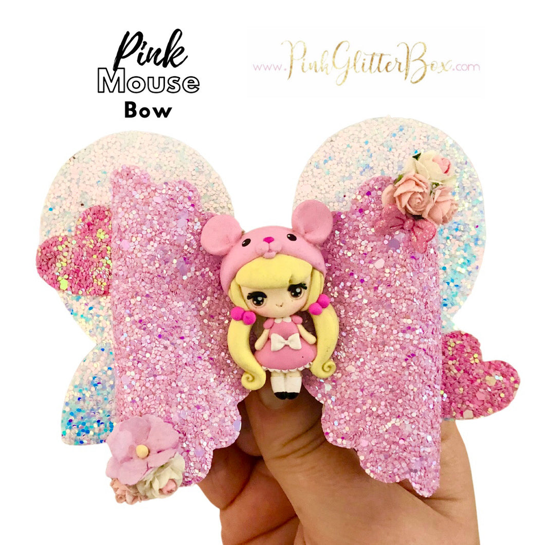 Pink Mouse clay hair bow